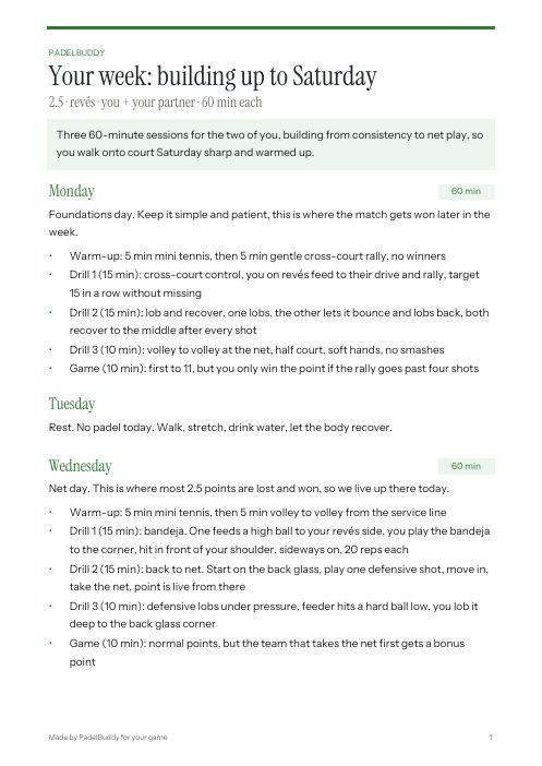 First page of a week of sessions building up to Saturday