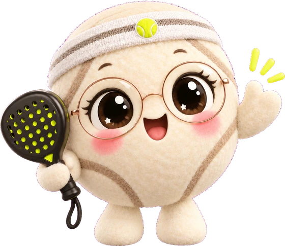 Cristal, a cute fuzzy padel ball with round glasses and a sweatband, waving